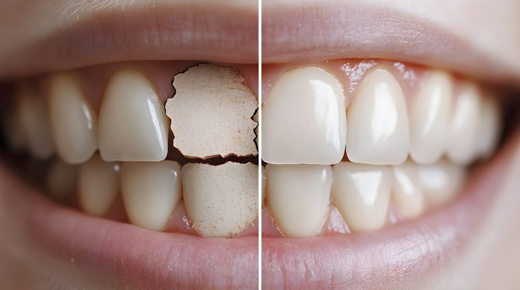 Before and after comparison of a person's teeth, showing a severe broken tooth on the left and a fully restored, healthy smile on the right.