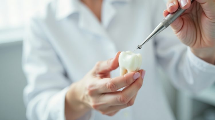 A dentist in a white coat demonstrates a dental procedure using a dental drill on a model tooth.